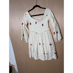 Free People Ivory Smocked Floral Embroidered Bell Sleeve Mini Dress Size M